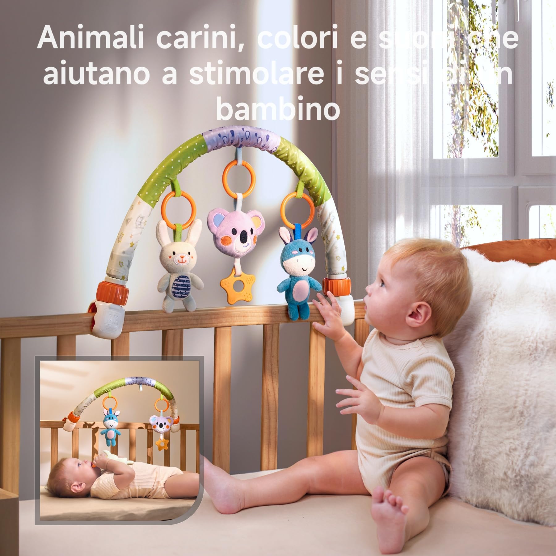 TUMAMA Giochi Arco Viaggio Passeggino per Neonato 0 3 6 9 12 Mesi, Peluche Animale Passeggino Giocattolo Gioco per Neonati Bambina Ragazzo, Clip On Auto Carrozzina con Sonaglio Teether Campana