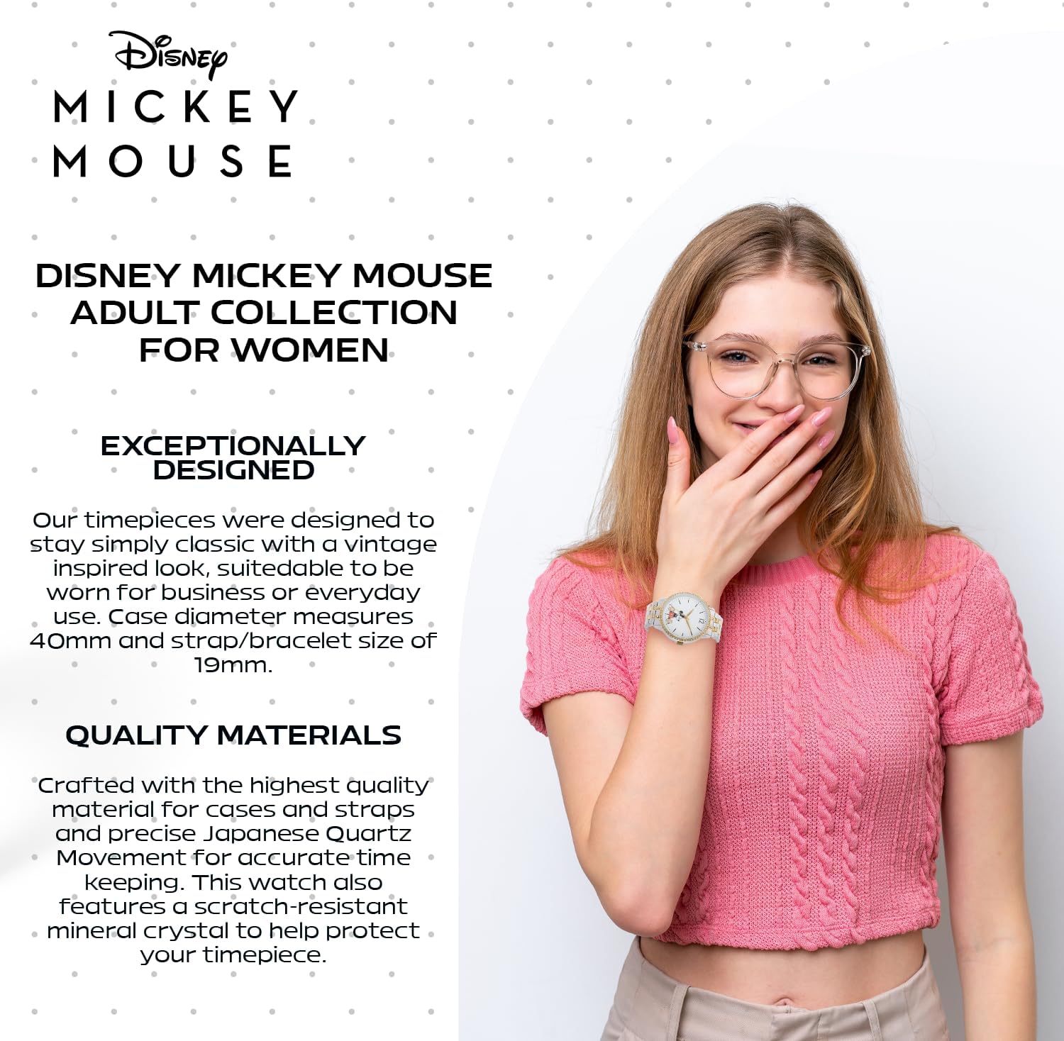 Mickey Mouse Watch Womens – Stylish & Fun Mickey Mouse Watches for Women – Classic Watch with White Dial, Silver Case & Multicolor Stainless Steel Strap
