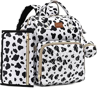 ROSEGIN Diaper Bag Backpack with Changing Pad, Pacifier Case, Baby Bag for Boy Girl Toddler - Large, Stylish, Waterproof Travel Quilted Diaper Bag for Mom - Baby Shower Registry - Cow