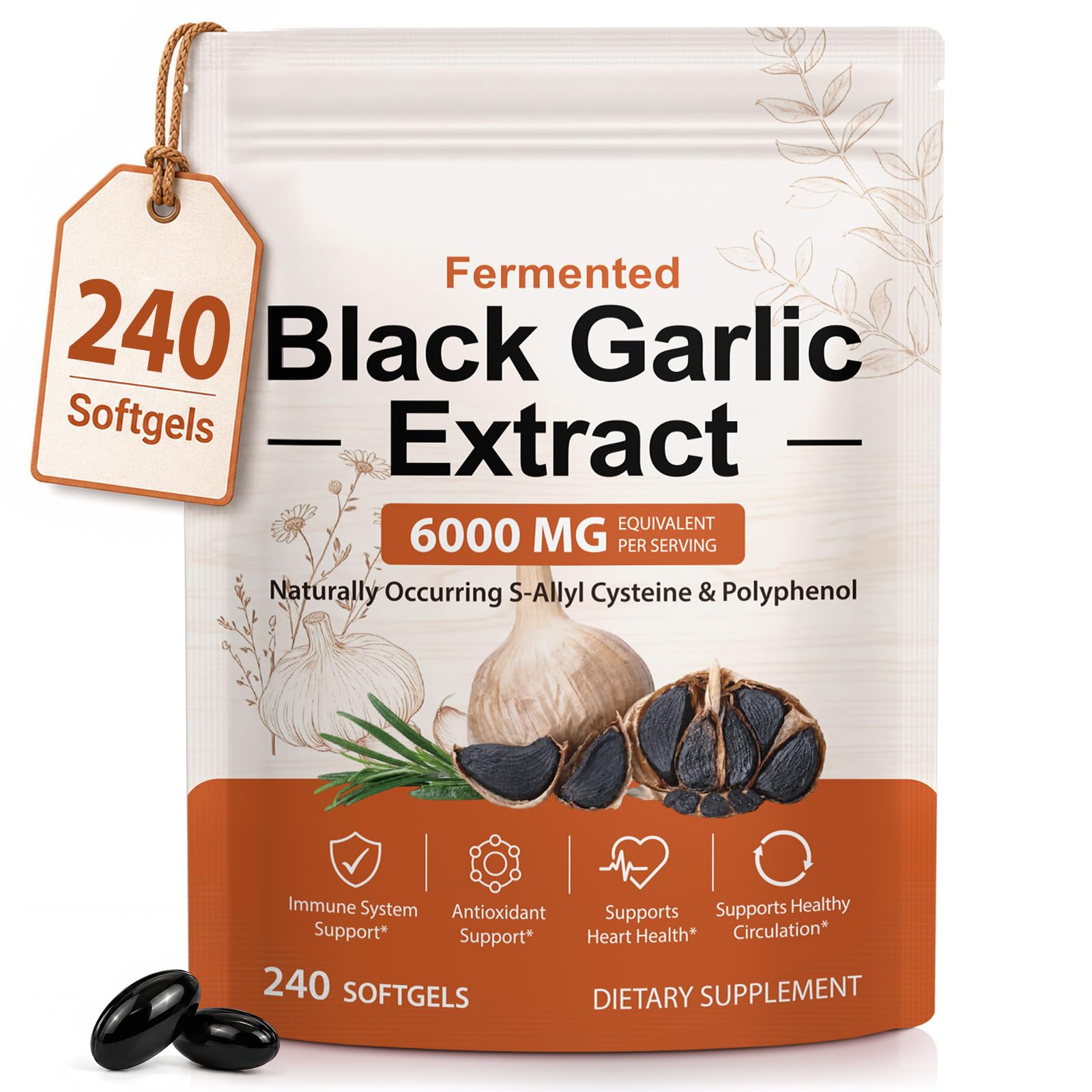 vopxccvy Suplemento de Alho Preto Fermentado em Cápsulas Softgel, Extrato 10:1, 6.000 mg por porção, 240 cápsulas