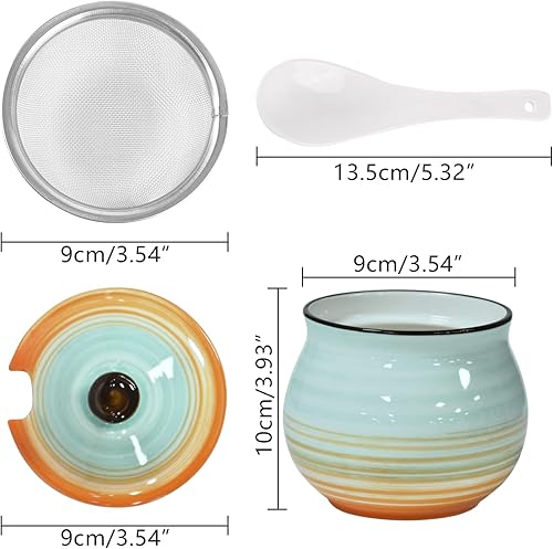 Miniatura 2 de Koythin Contenedor de grasa de tocino de cerámica con colador, 23 onzas, adecuado para almacenar aceite de freír y grasa de cocina (cian y naranja)