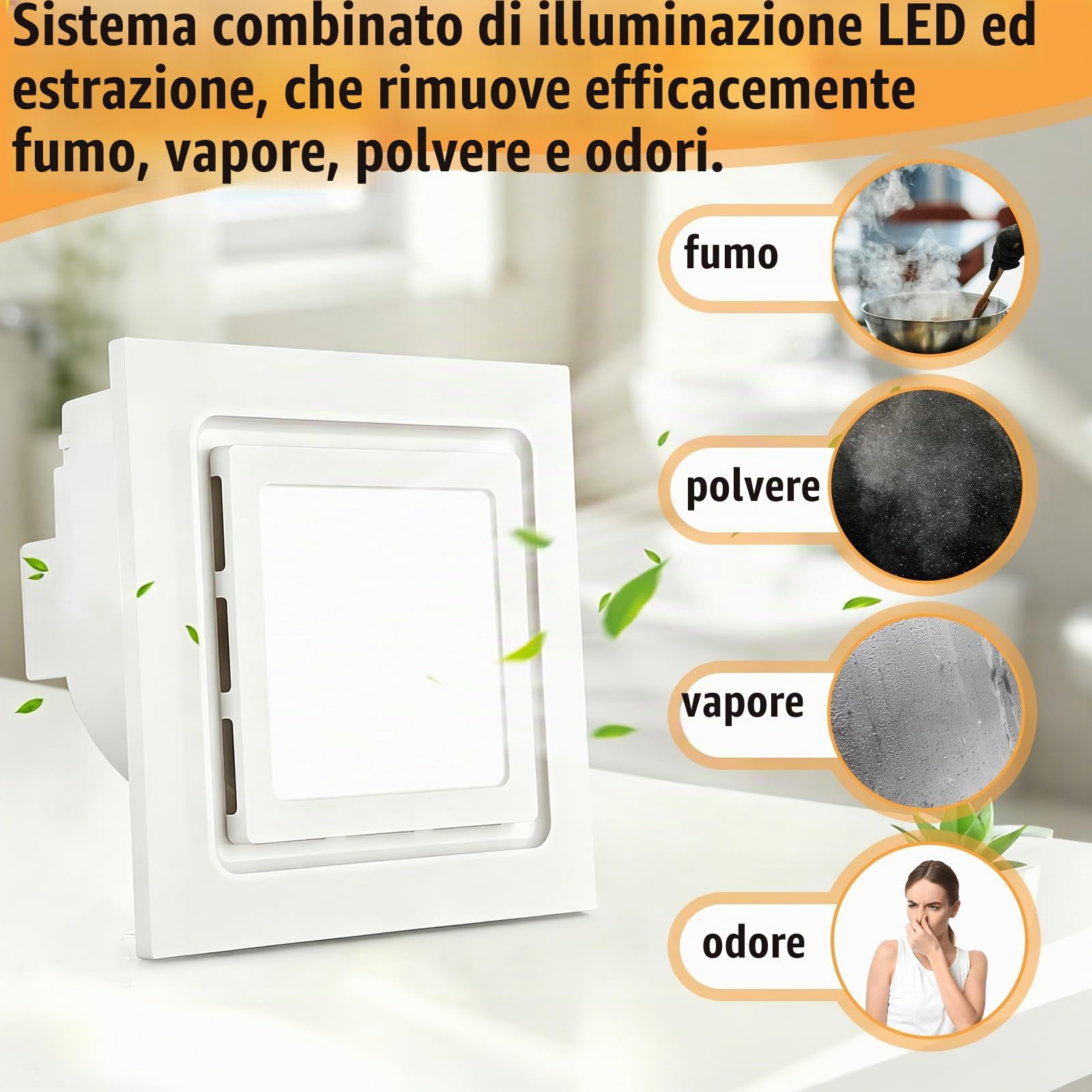 Ventilatore da bagno 254 mm/10 pollici con luce LED a 3 tonalità regolabili, 110 CFM, 6000 K, 1000 lm. Ventilatore di estrazione ultra silenzioso 1,0 Sone per montaggio bagno