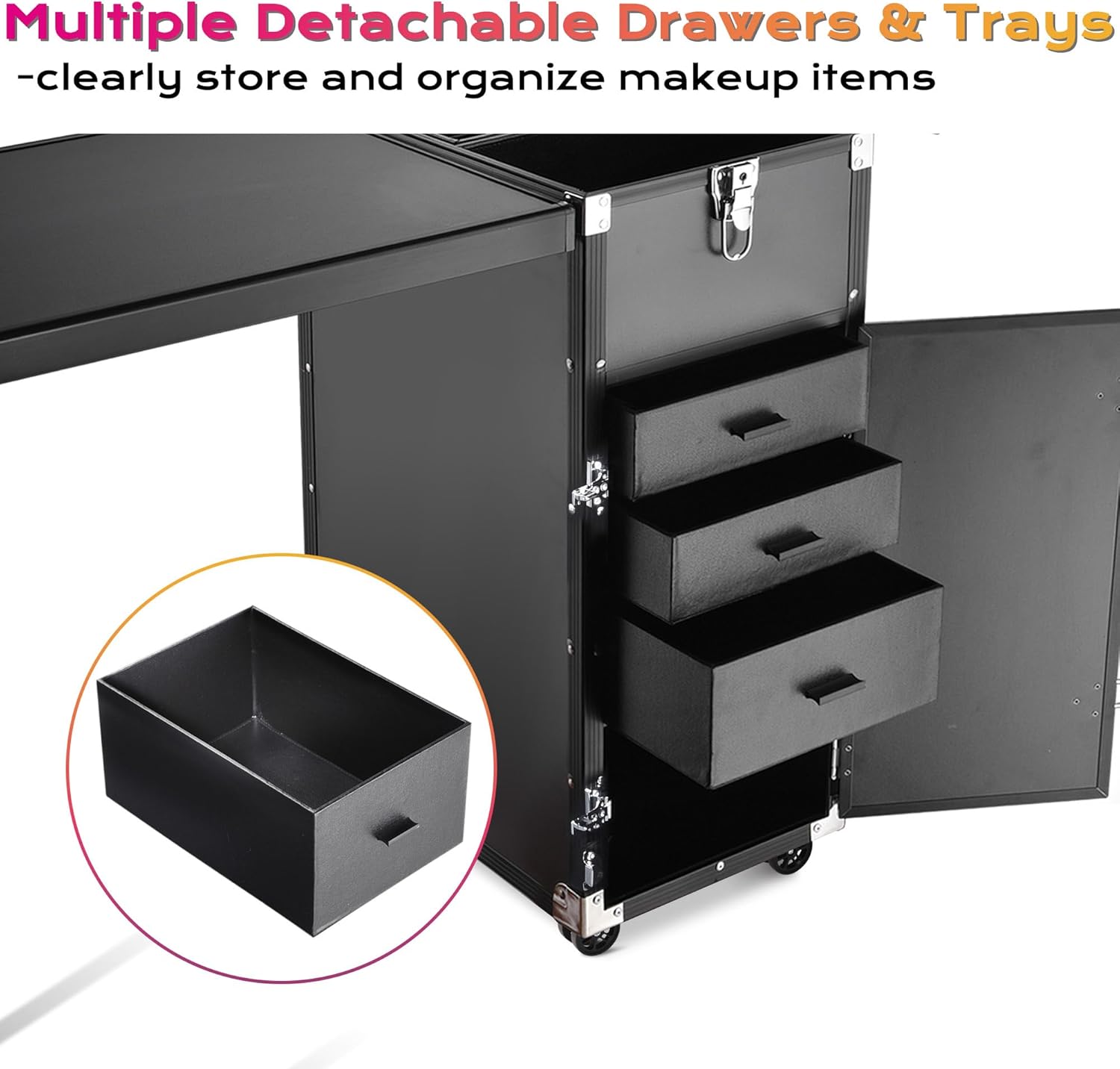 BYOOTIQUE Portable Manicure Table Nail Station Rolling Makeup Case with 4 Drawers Nail Table Storage for Makeup Artist Nail Tech Manicurist, Black, 33" x 16" x 31"