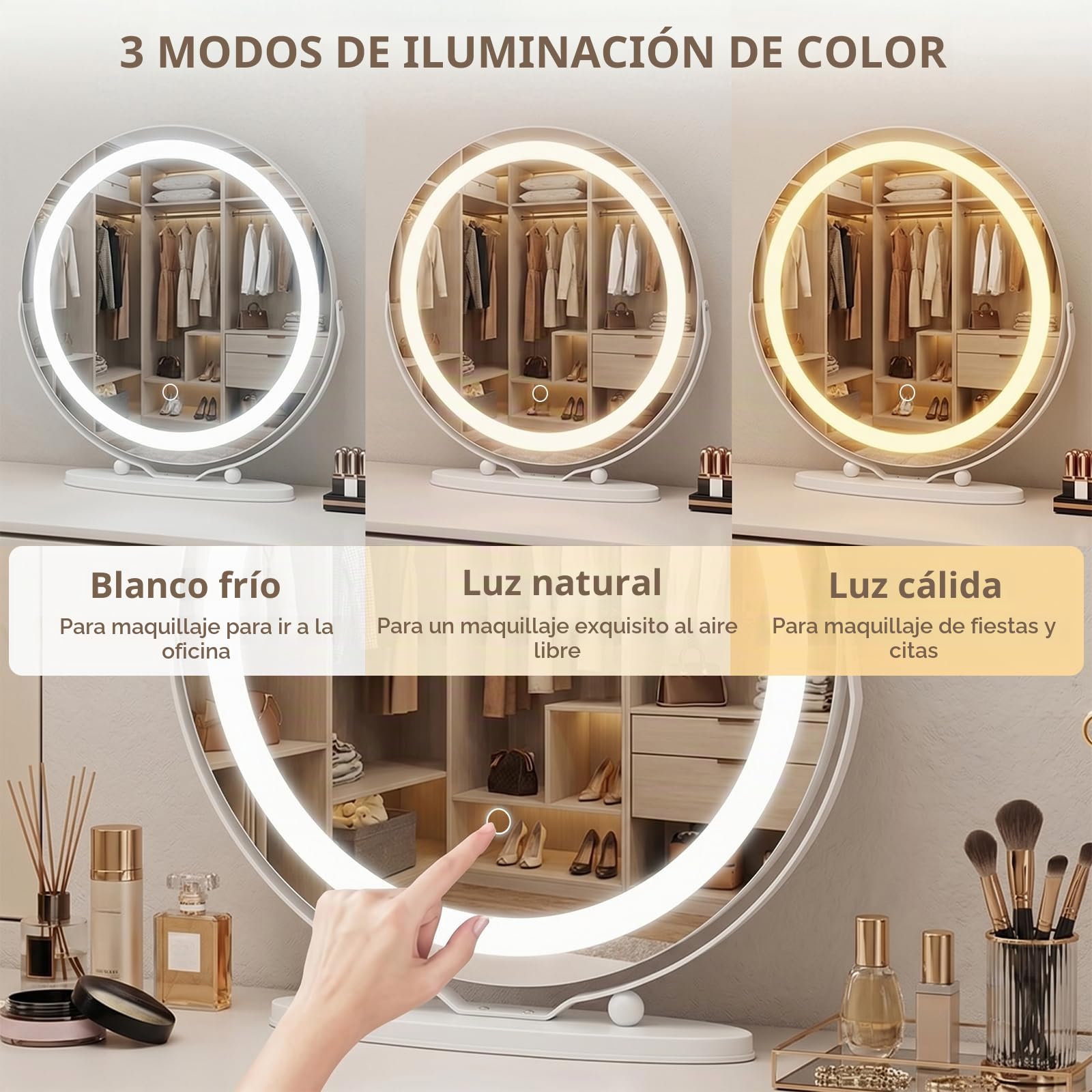Hollywood Espejo de tocador con Luces,48 cm, Redondo,3 Modos de iluminación, Aumento de 10x, Control táctil,luz Regulable, rotación de 360°,para Dormitorio y vestidor,Blanco