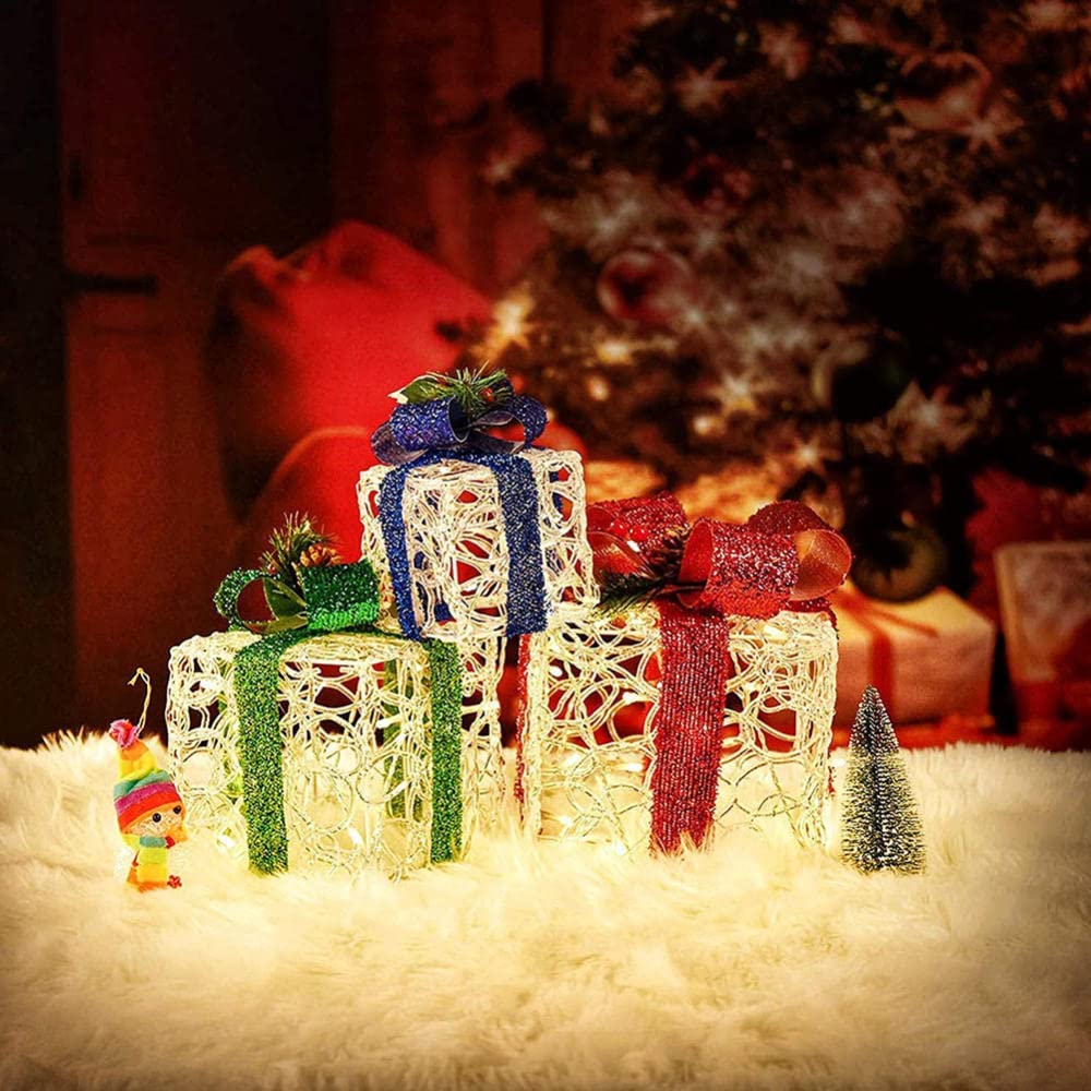 Ozdoby świąteczne pudełka na prezenty, 3 rozmiary Christmas Light Up Zestaw paczek Dekoracyjne światło LED na bożonarodzeniowe podwórko Wystrój domu Ozdoby choinkowe, czerwony + zielony + niebieski