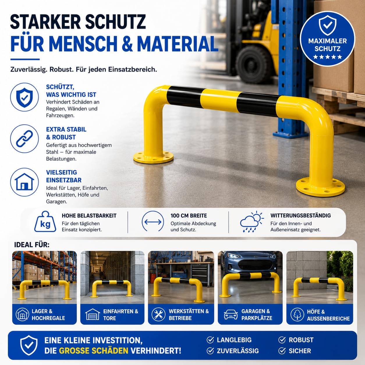 Staffa di protezione del ramm, 100 cm, massima protezione per magazzini e vialetti, angoli di protezione stabile in acciaio per scaffali, scaffali alati, cortili e garage (archetto 100 cm)