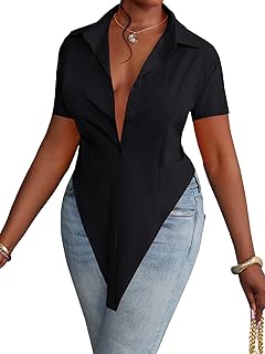 LYANER Women's Collar V Neck Button Front Short Sleeve Slit Hem Long Shirt Blouse Top