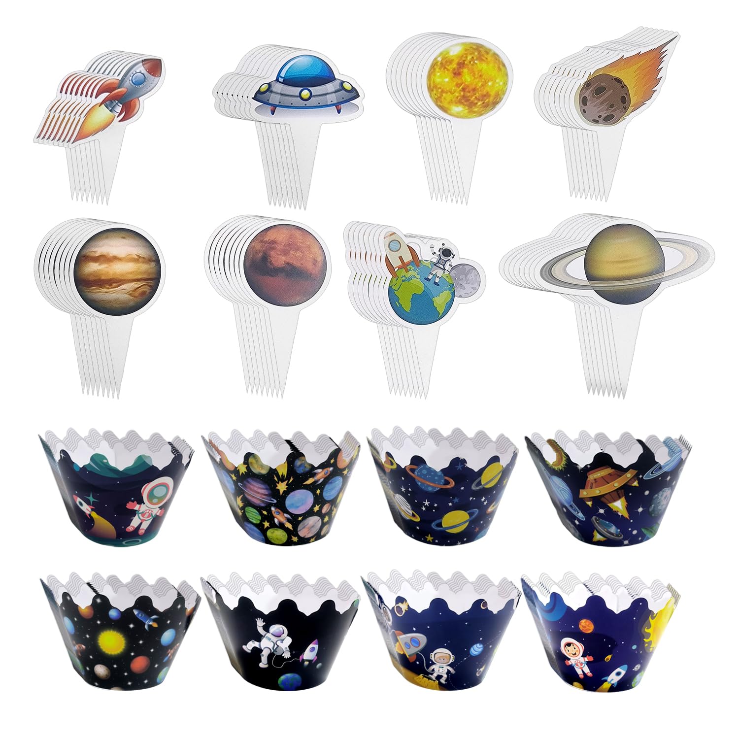 Hinfhi Multicolor 48 Pieces Of Cake Edges And 48 Pieces Of Cake Card Inserts, Space Themed Cake Decorations, Baking Materials, Party Supplies.
