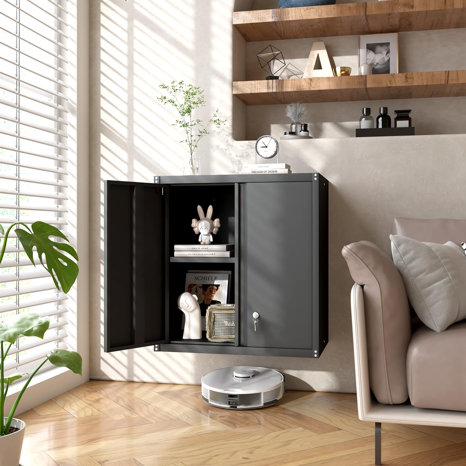 GREATMEET Hängeschrank Metall Werkzeugschrank mit Klapptür, wandmontierte Garagen-Aufbewahrungsschränke mit 1 verstellbarem Regal und 2 Türen, Stahlschrank für Garage, Büro und Zuhause, Schwarz