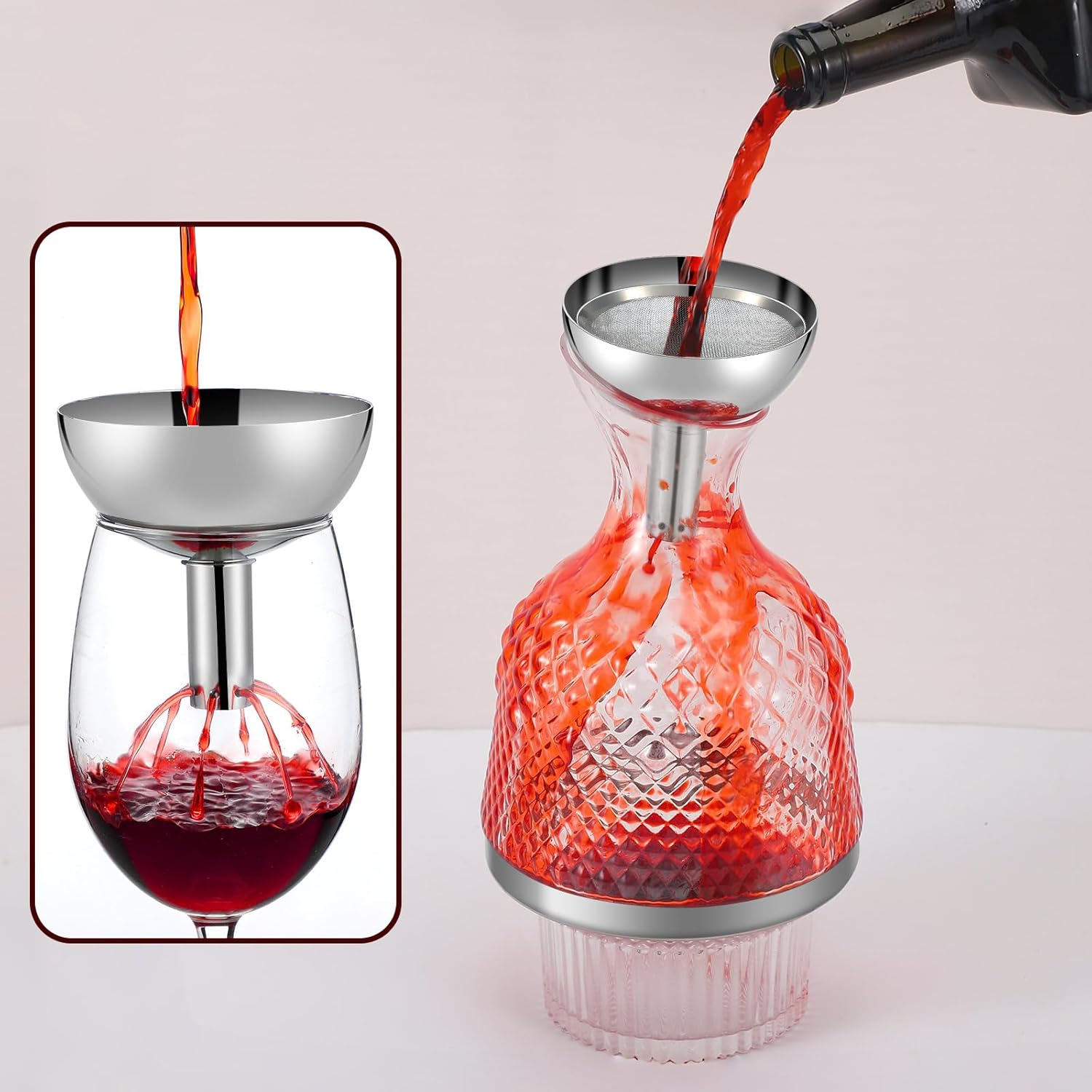 Potchen Wine Aerator Shower Funnel with Mesh Sediment Strainer Stainless Steel Aerating Decanter Funnel with Filter and Brushes for Christmas Wine Lover Gift(8)
