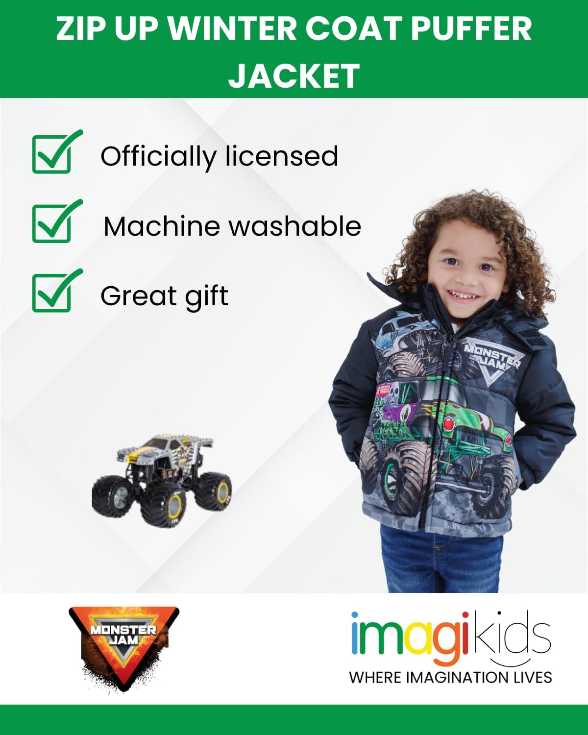 Monster Jam Boys' Hooded Puffer Jacket Toddler to Big Kid