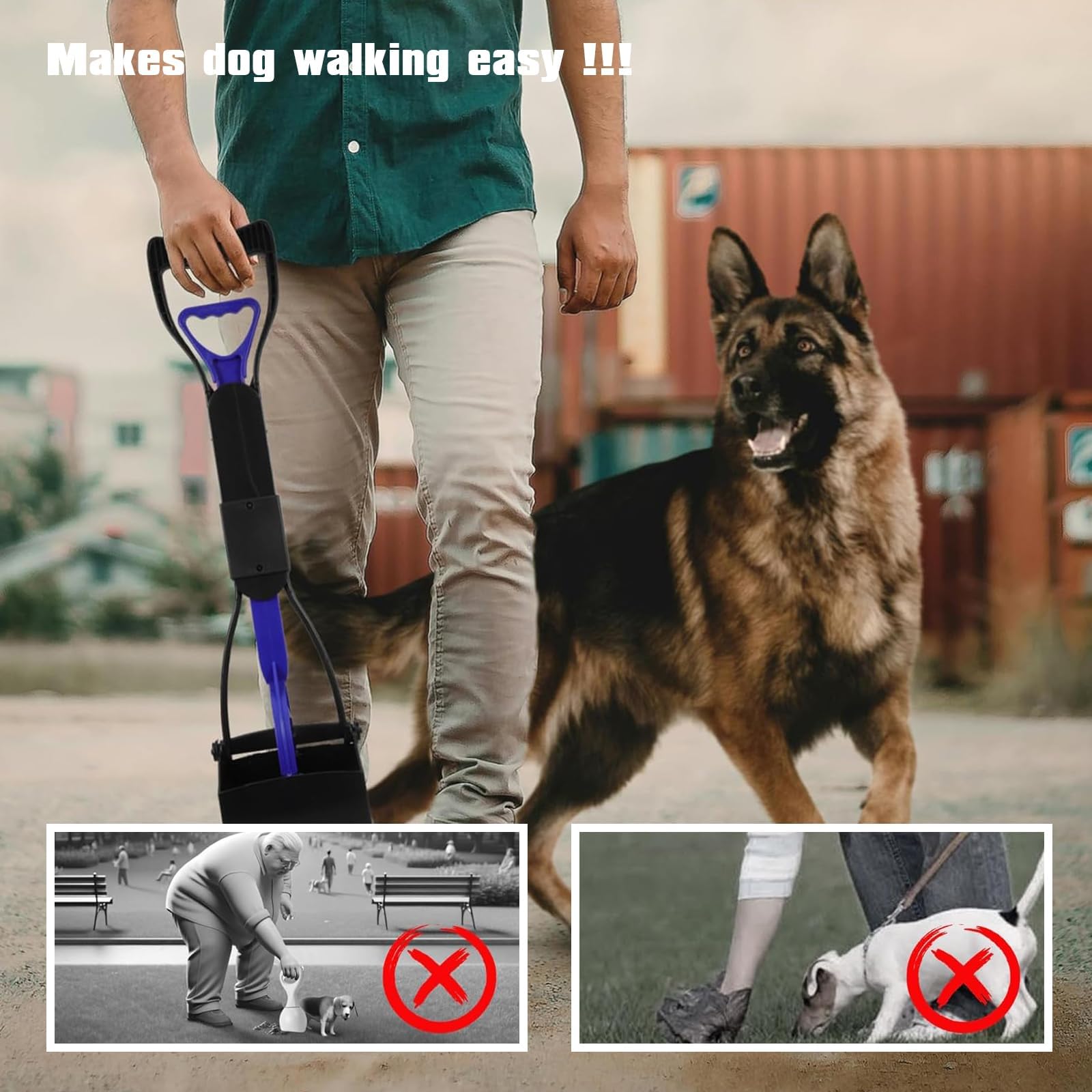 Recogedor Caca Perros 45cm Recoge Cacas de Perros con Dog Poop Bags Recogedor de Cacas de Perros con Porta Bolsas Caca Perro Accesorios para Perros Mango Largo Recogedor Basura