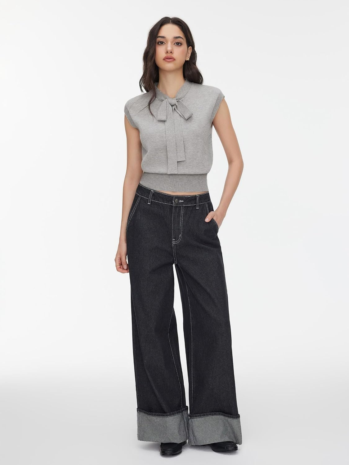 CIDER Sweater Vest Women Bow Tie Cap Sleeve Cropped Sweaters | Elegant Tank Tops, Lightweight Sweaters, Trendy Fall Fashion