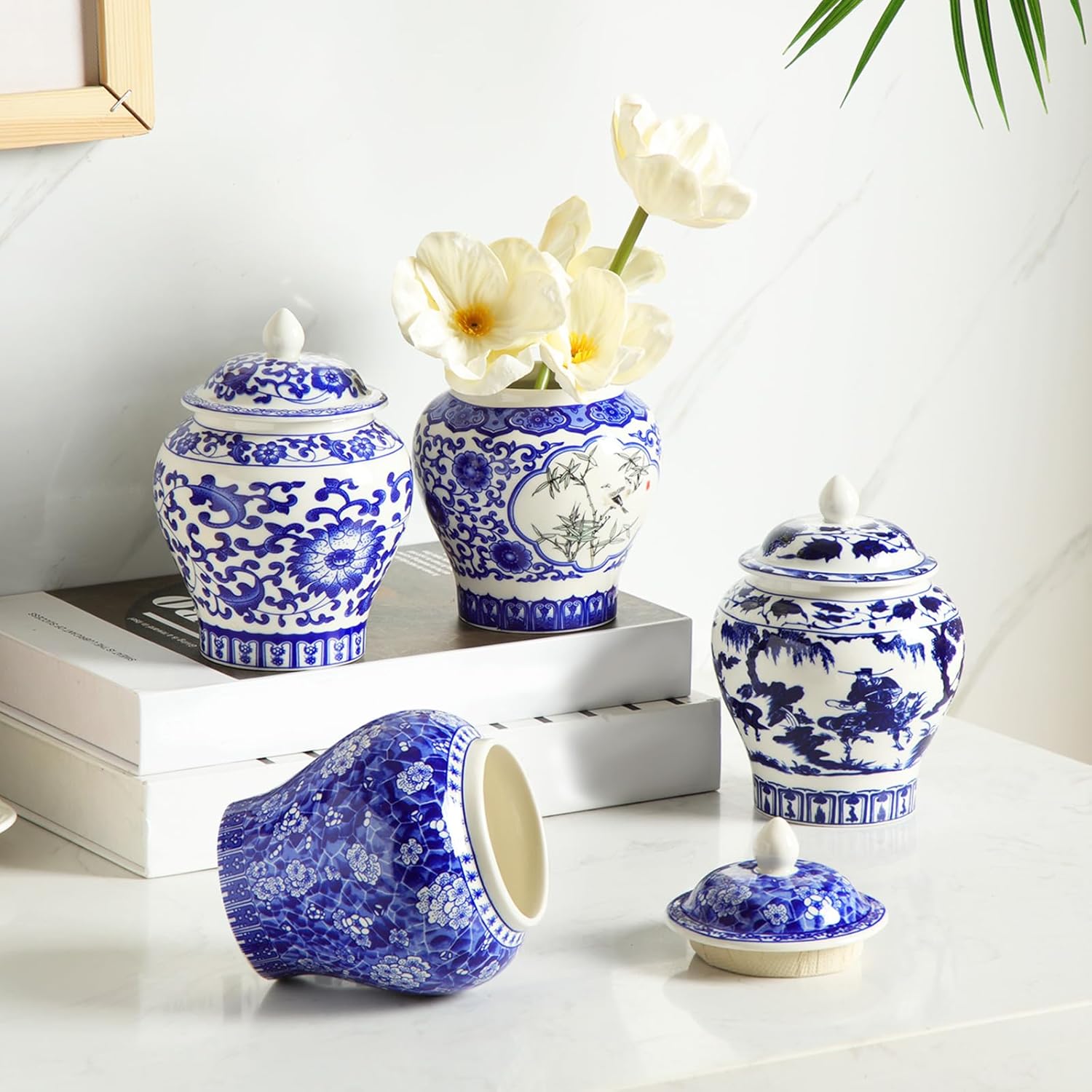 Hushee Small Blue and White Ceramic Ginger Jars Blue Chinoiserie Decor Vases Porcelain Ginger Jars Porcelain Vases for Home Chinoiserie Decor for Bedroom Table Accent Shelf Tabletop(Classic,4 Pcs)