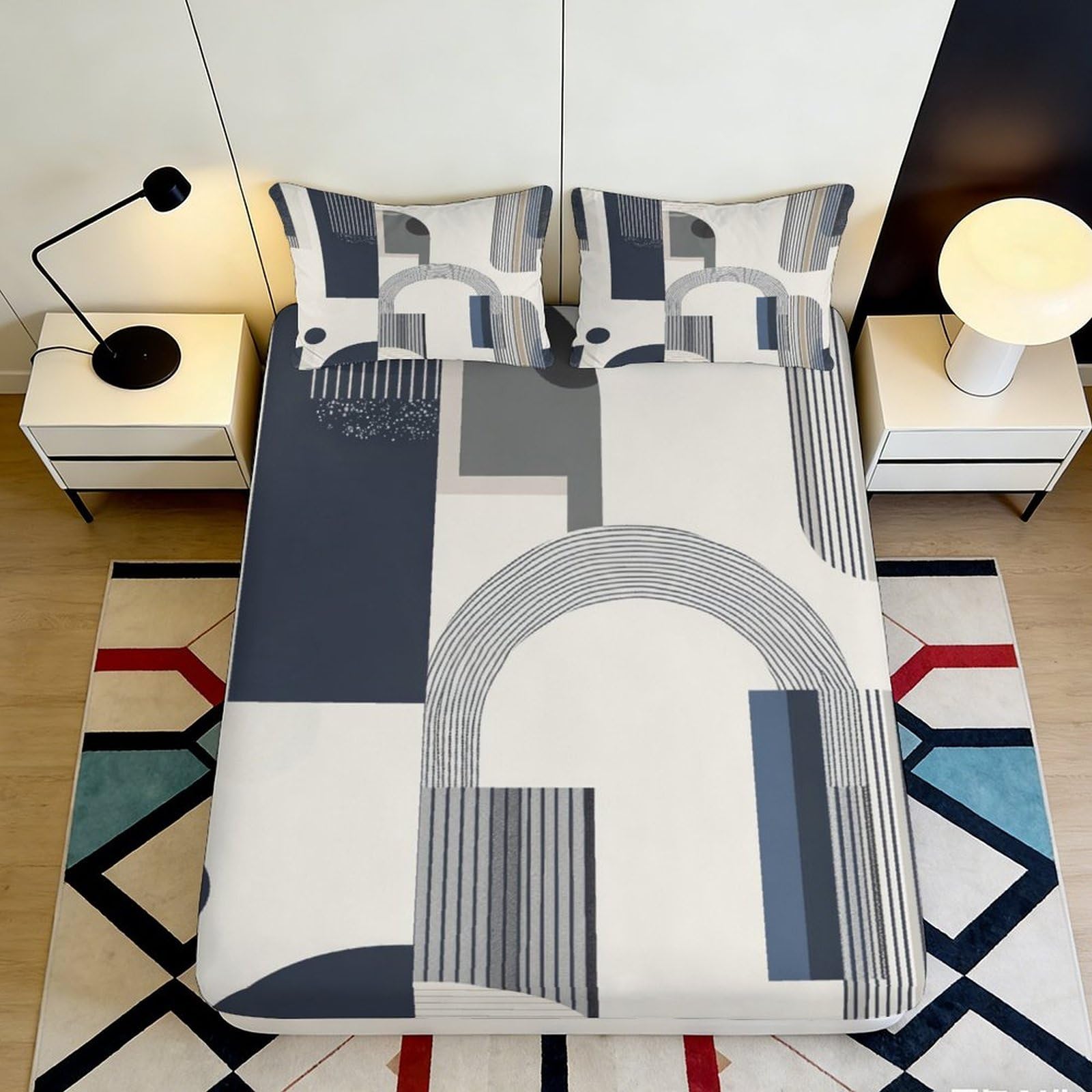 3D Printed Geometric Arch Fitted Sheet Microfiber Modern Abstract Mattress Cover for Bedroom Guest Room Decor 90x200x25cm