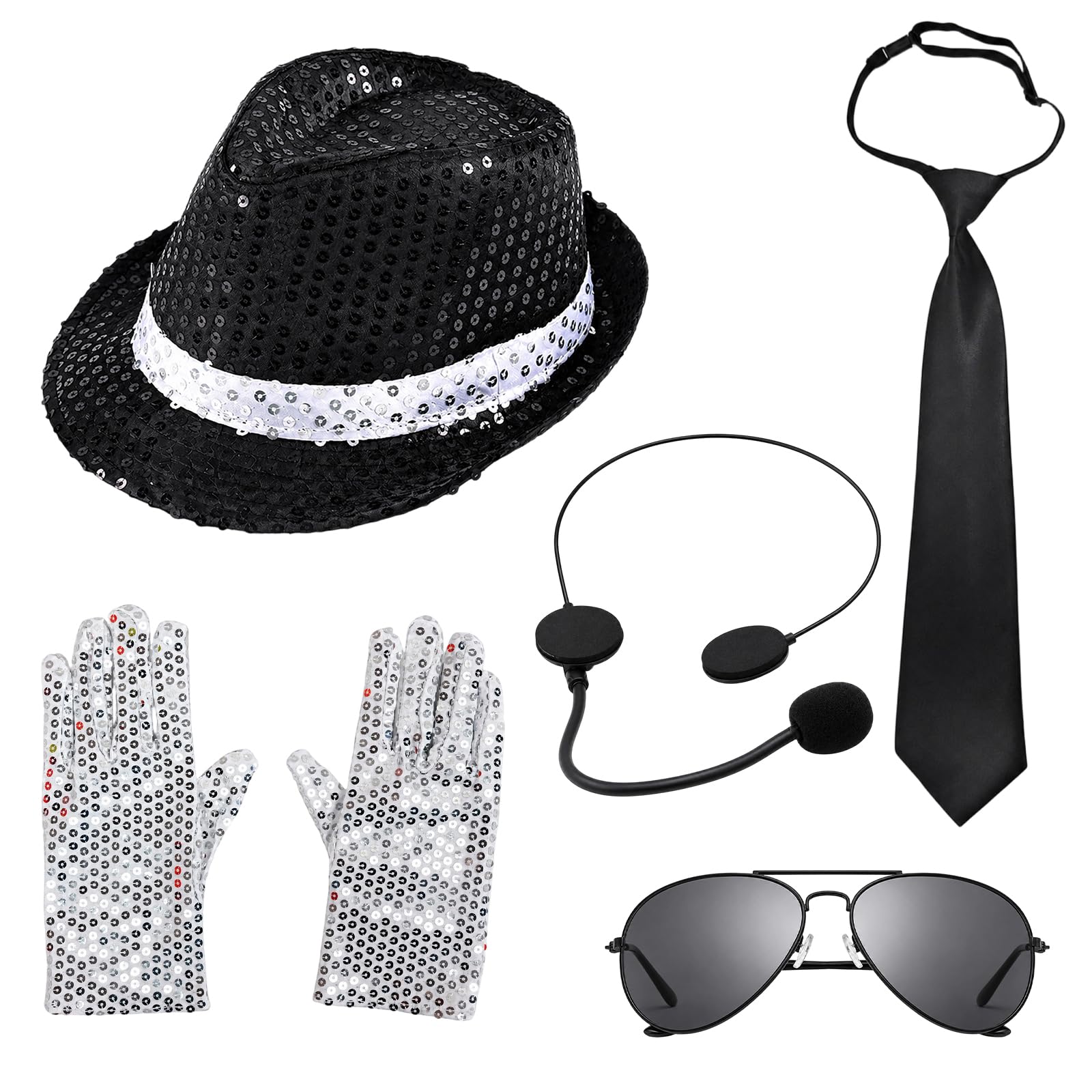 QhgPnt 5 Pcs Rocker Star Costume Accessories, 80s Retro Party Set with Sequin Black Hat Headset Tie Glasses Gloves, Rock Star Costume for Halloween Dance Performances Theme Parties