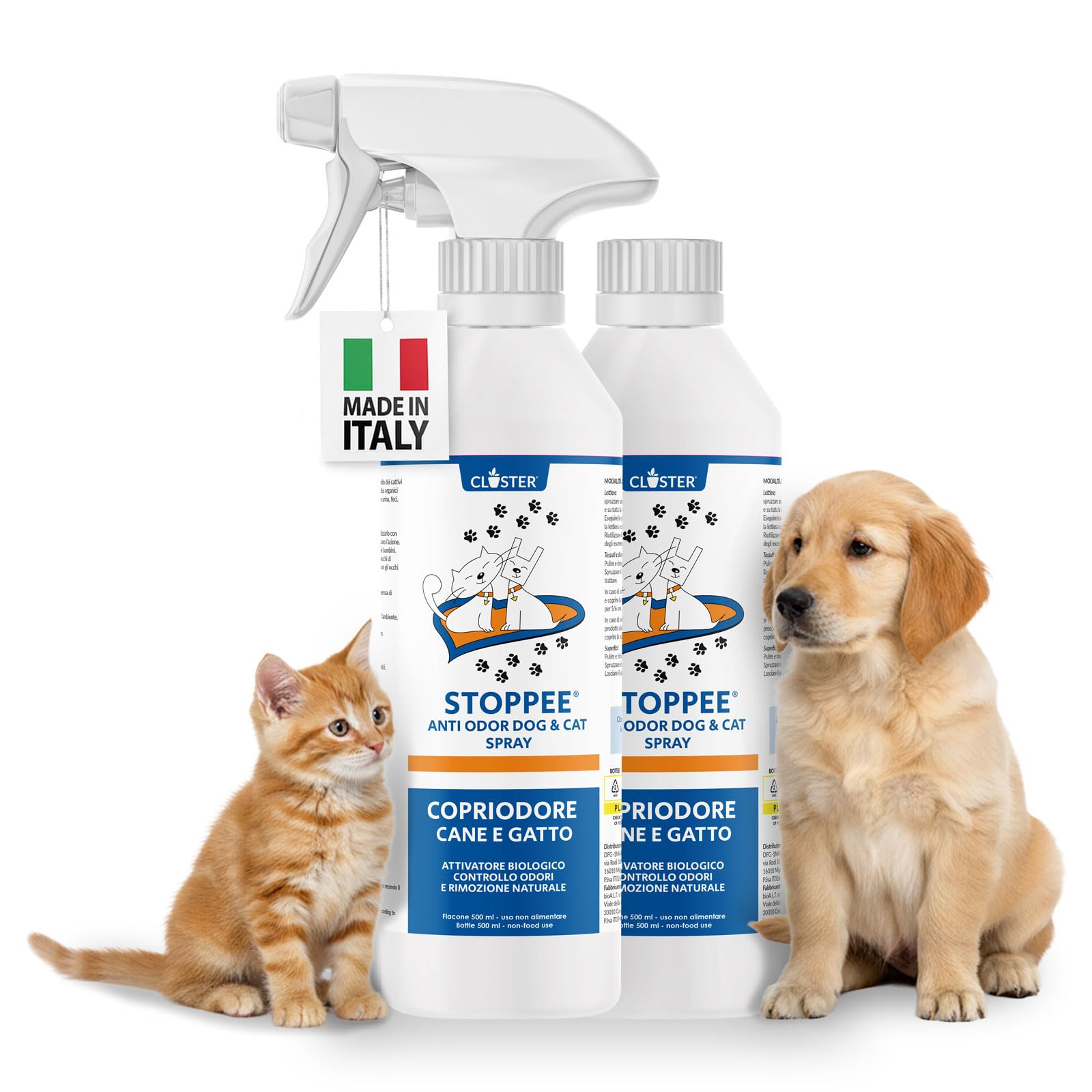 CLOSTER STOPPEE Spray hygiénisant Elimine les odeurs et dissout l'urine et les fèces des chiens et des chats, Combat les odeurs désagréables avec le parfum pomme verte 500 ML + recharge 500 ML