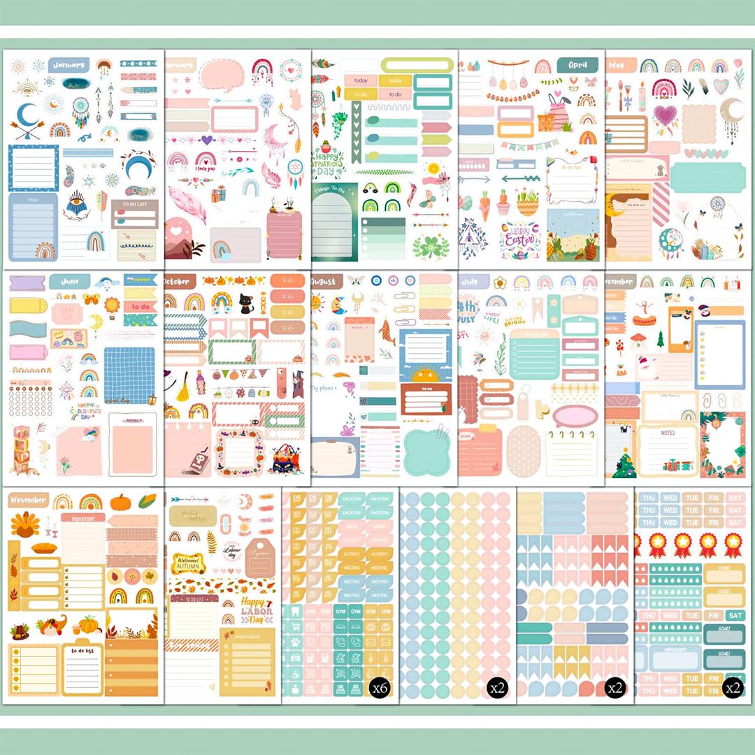 Adesivi Per Planner – 24 Fogli, Oltre 1000 Adesivi – Senza Duplicati – Tema Mensile E Festività – Per Scrapbooking, Calendari, Diari E Donne Creative