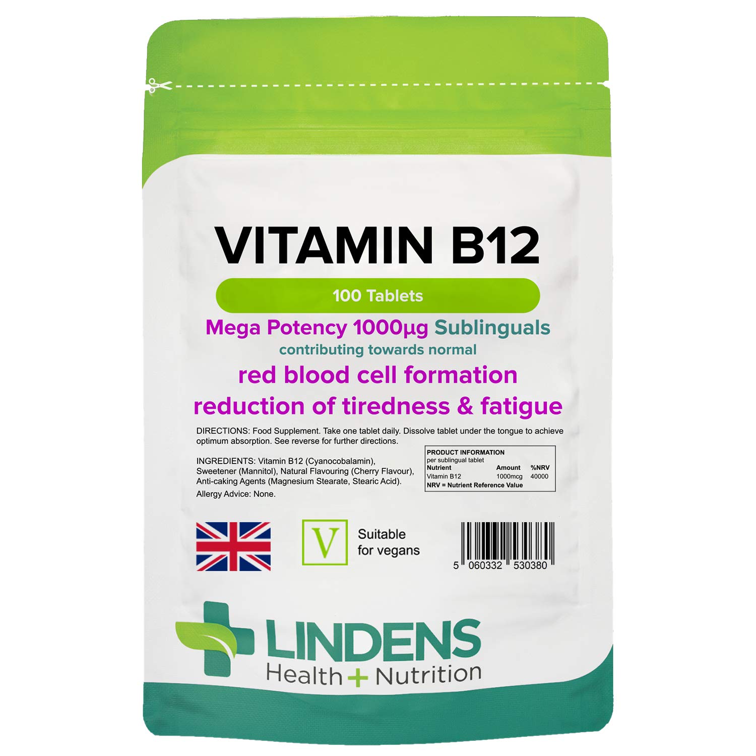 Lindens Vitamin B12 1000mcg Cherry Flavour Sublingual Tablets 100