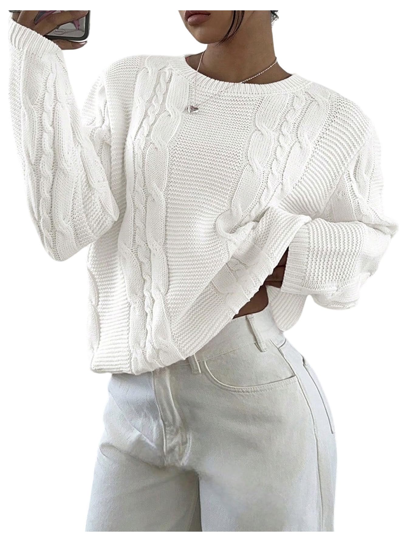 Milumia Womens Long Sleeve Crewneck Cable Knit Sweater Loose Casual Pullover Tops
