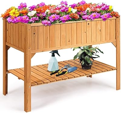 GRAFFY Raised Garden Bed with Shelf, Raised Planter Box with Legs, Wood Elevated Planter Box with Drain Holes, Outdoor Planting Bed for Vegetable Flower, Planting Container for Grass Lawn Patio