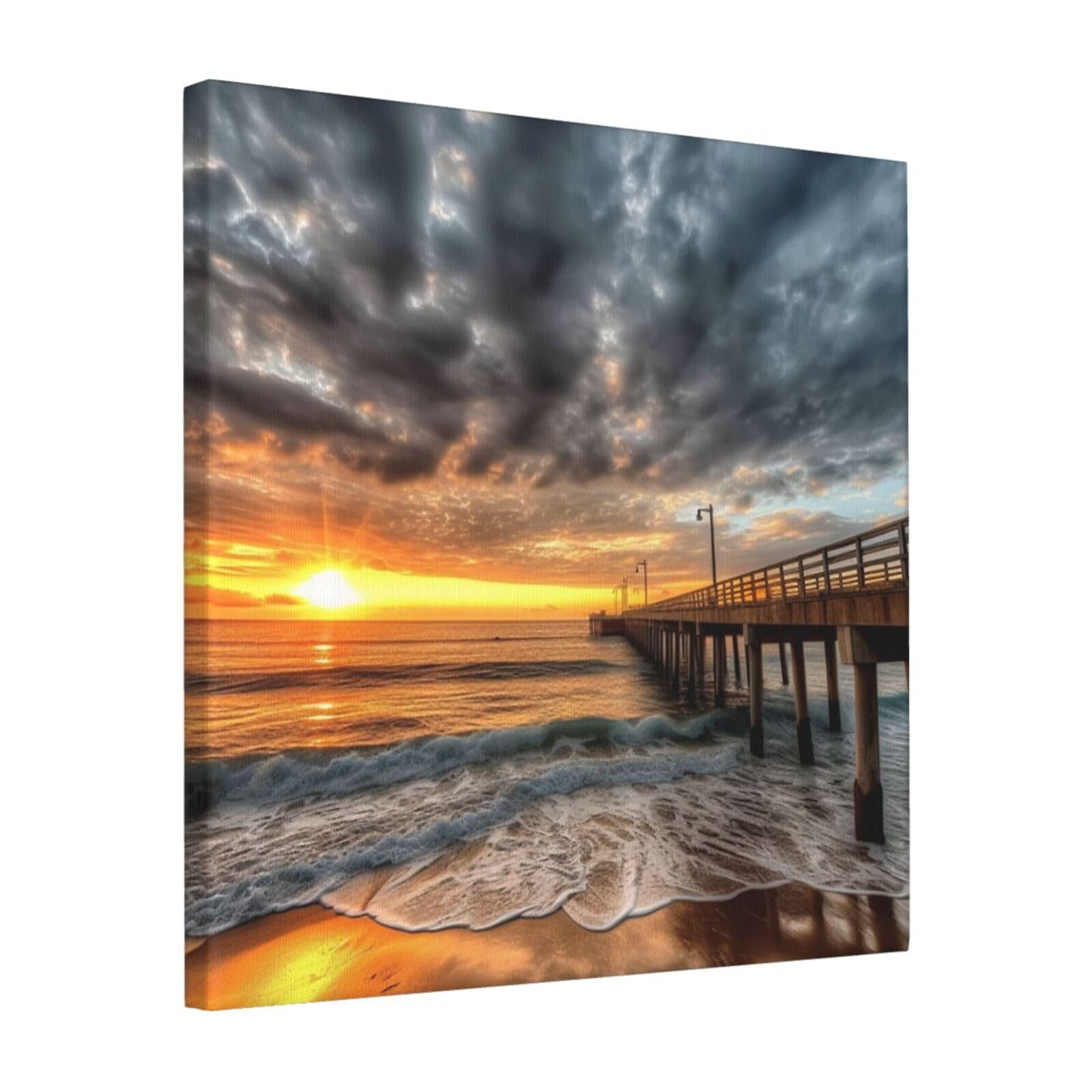 Beach Sea Bridge Clouds Sunset Canvas Wall Art for Living Room Wall Decor 16"x16" Modern Artwork Painting Pictures Hanging Canvas Prints Aesthetic Wall Art for Bedroom Bathroom Office Wallart Decor