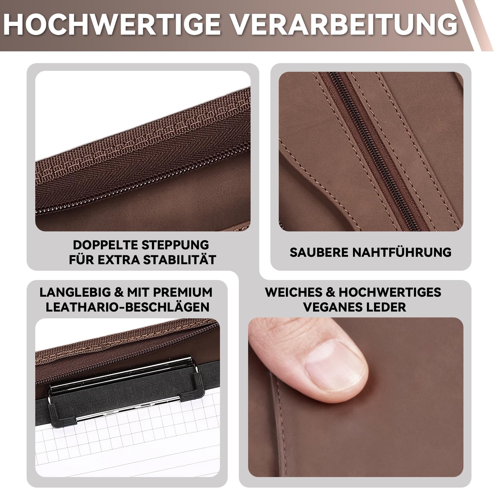 Leathario Schreibmappe A4 mit Reißverschluss, Konferenzmappe 10 Klarsichthüllen, Dokumentenmappe 4 Ringbuch, Ringmappe, Aktenmappe mit Notizblock,Mappe, für Meeting, Business ikl.1 Kugelschreiber