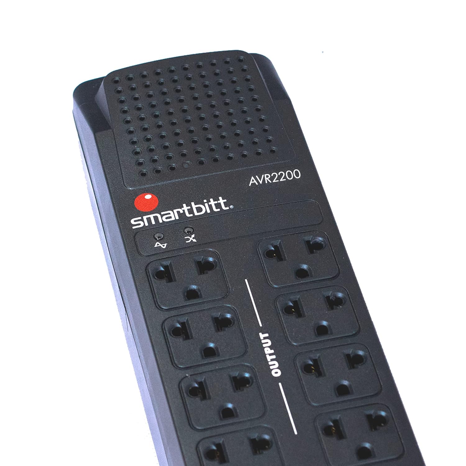 Close-up view of the Smartbitt SBAVR2200 Voltage Regulator's top panel, showing the Smartbitt logo and LED indicators.