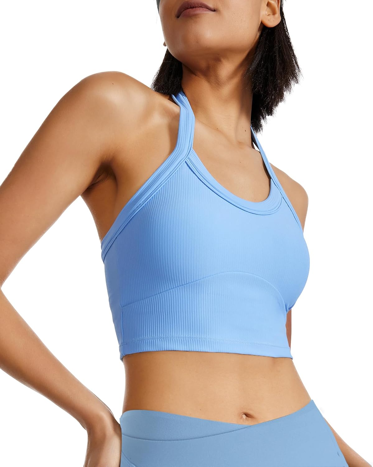 Halter Sports Bra Longline Open Back Workout Top Ribbed Crop Tank Tops with Built in Bra Gym Yoga Push Up - Image 4