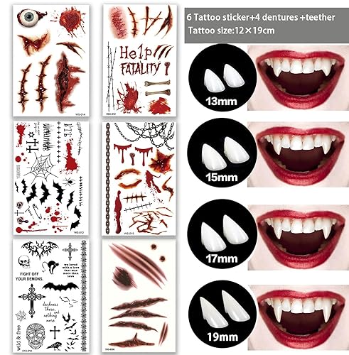 Miniatura 2 de 4 pares de dientes de vampiro + 6 hojas de tatuajes falsos de gran tamaño, juego de cosplay de vampiro para Halloween, colmillos de vampiro, heridas