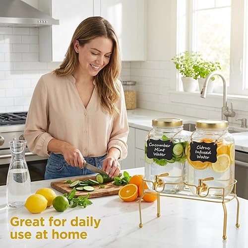 Miniatura 3 de Juego de 2 dispensadores de bebidas de vidrio de 1 galón – Dispensadores de bebidas para fiestas, dispensador de bebidas con soporte y grifo 100% a