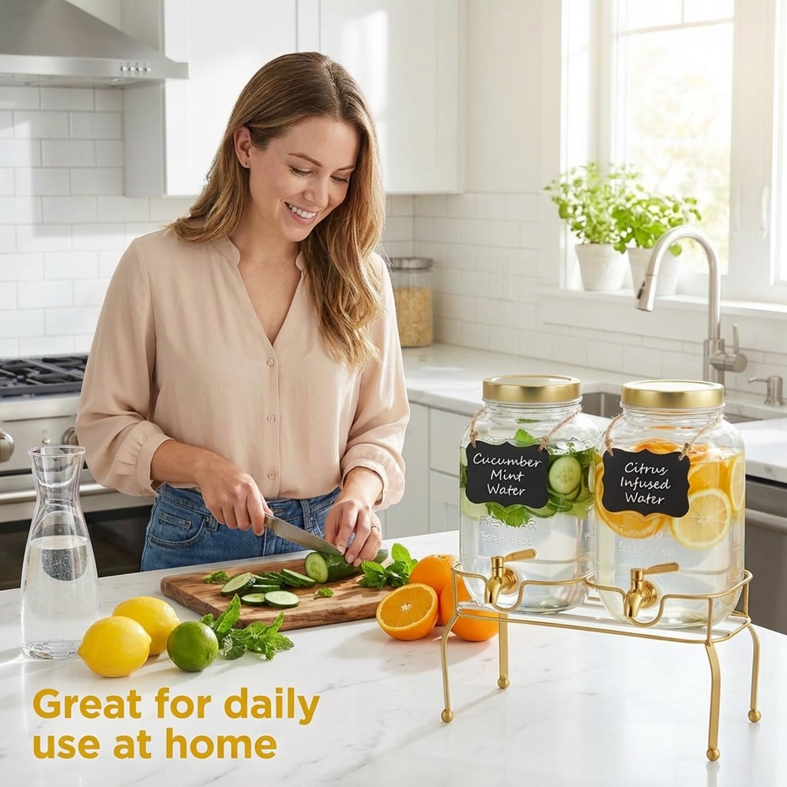 Juego de 2 dispensadores de bebidas de vidrio de 1 galón, dispensadores de bebidas para fiestas, dispensador de bebidas con soporte y espiga 100% a prueba de fugas, ideal para limonada, jugo