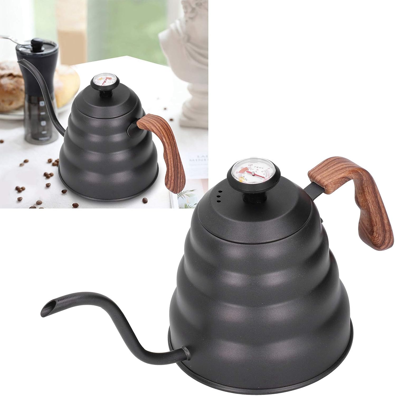 Ymiko 1.2L Stainless Steel Gooseneck Coffee Kettle, Pour Over Coffee Pot with Thermometer and Wood Handle, for and Tea Brewing