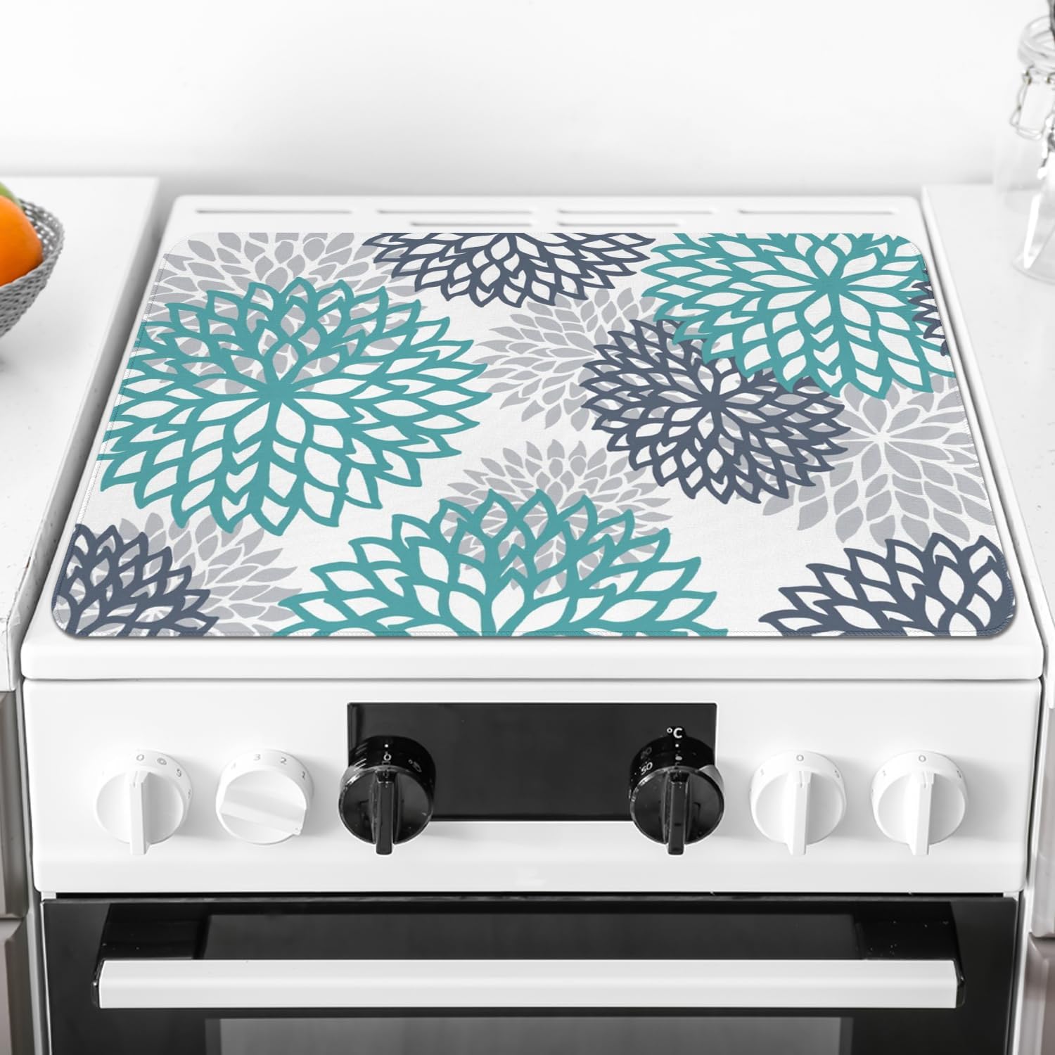 Stove Top Cover for Electric Stoves,Teal Grey Floral Glass Stove Top Cover,Heat Resistant Cooktop Protector Mat,Non-Slip Washable Dish Drying Mat,Farmhouse Multipurpose Kitchen Decor,28"x20"