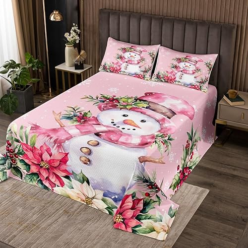 Manfei Colcha de muñeco de nieve de Navidad, tamaño King, colcha acolchada con 2 fundas de almohada, juego de colcha rosa de Navidad de 3 piezas