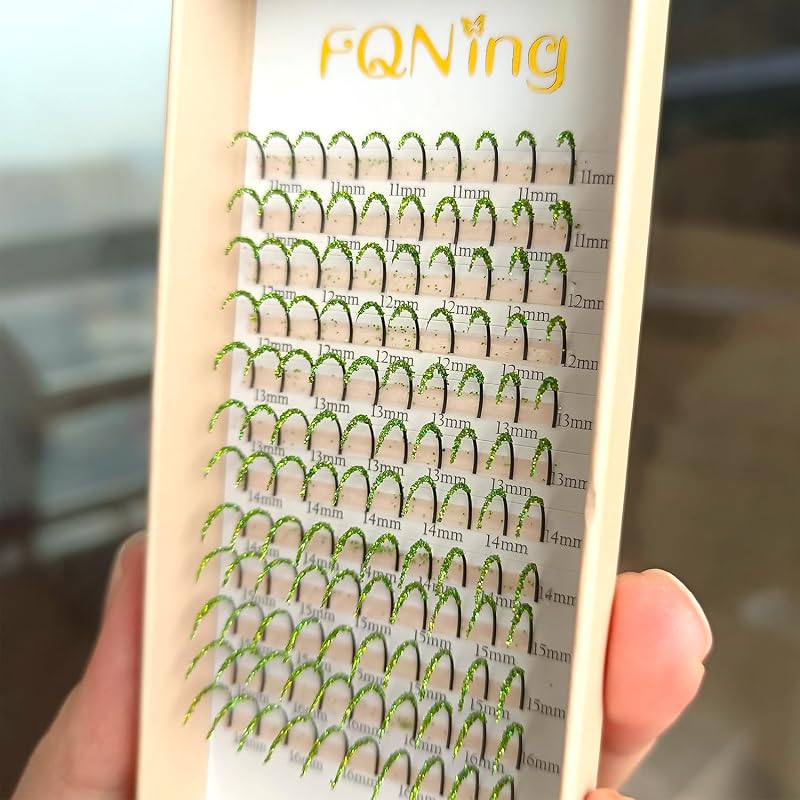 Extensões de cílios postiços individuais com glitter verde-claro FQNing, 11–16 mm, 0.20D, pacote com 120 unidades