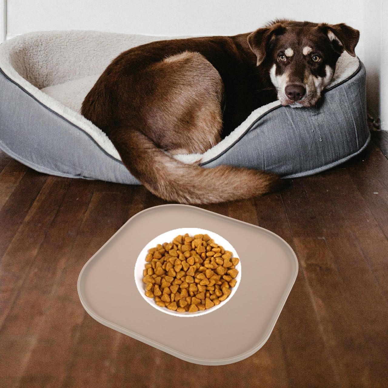 Mikikit Silicone Pet Feeding Mat for Dog Food and Cat Bowl, Waterproof Spill Proof Placemat with Raised Edges, Non Slip Floor Protector Pad, Coffee