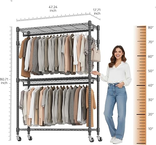 Miniatura 4 de BATHWA Perchero resistente con ruedas, perchero rodante para colgar ropa, armario de metal simple y resistente con varillas dobles, 8 perchas Negro