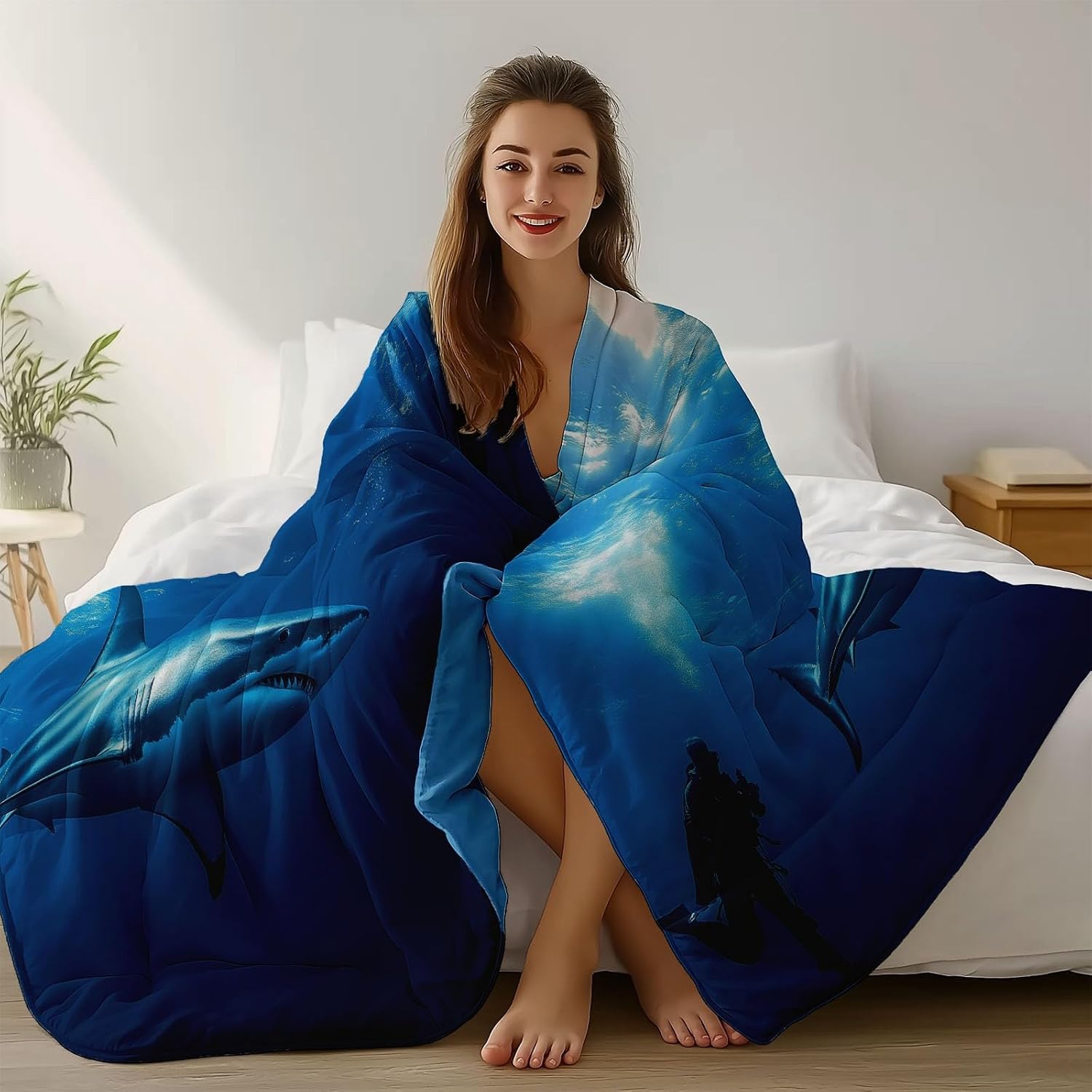 Duvet Cover 3 Pcs Set Animals Underwater Great White Shark Pattern Duvet Covers for Kids Boys Girls Queen Decorative Breathable Bed Cover Blue Reversible Bedding Set