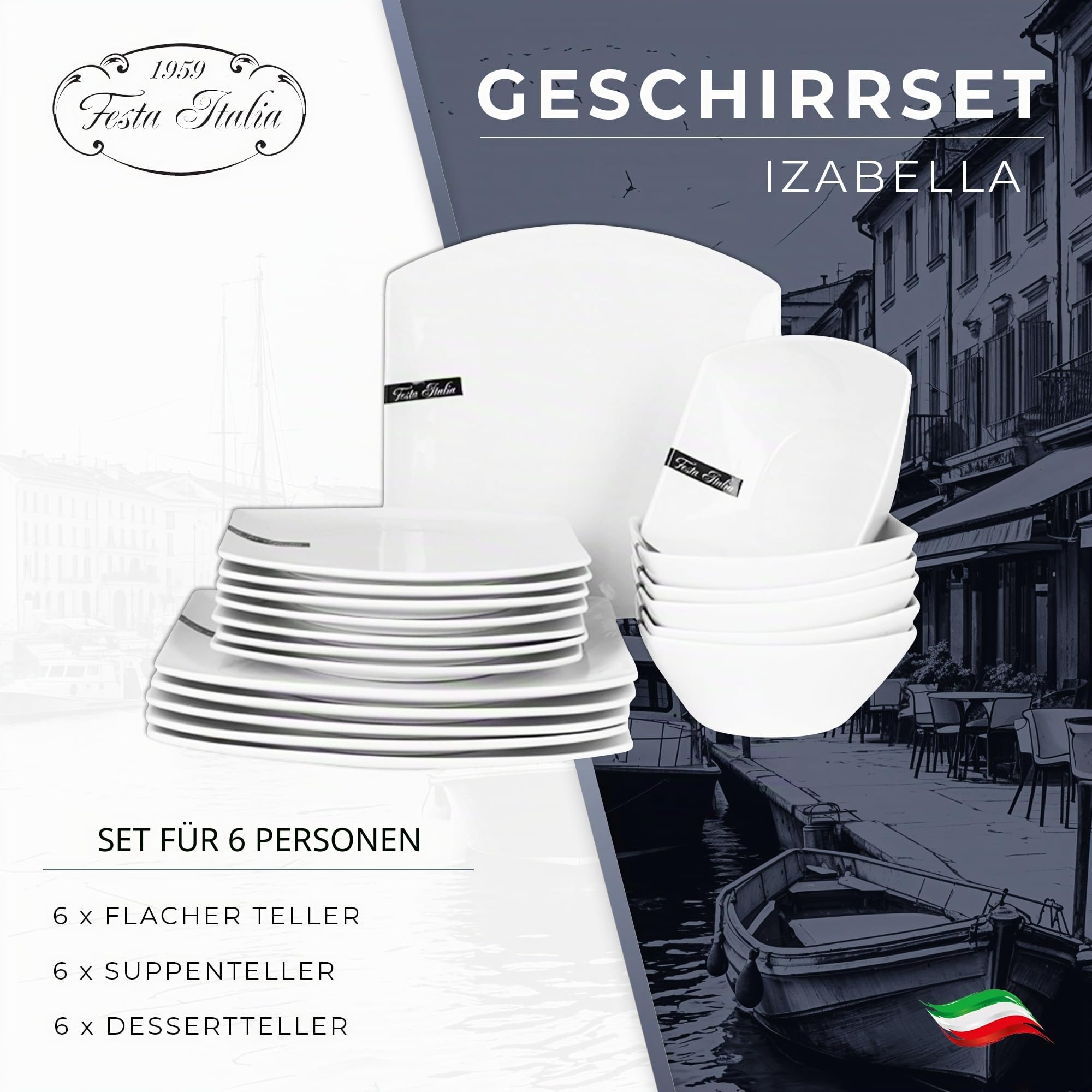 Geschirrset 6 Personen - 18 Teilig - Tellerset aus Porzellan - Weiß Essgeschirr Set - Schüssel- und Tellerset - Modern Tafelservice - Teller - Essservice - Geschirr Set 6 Person