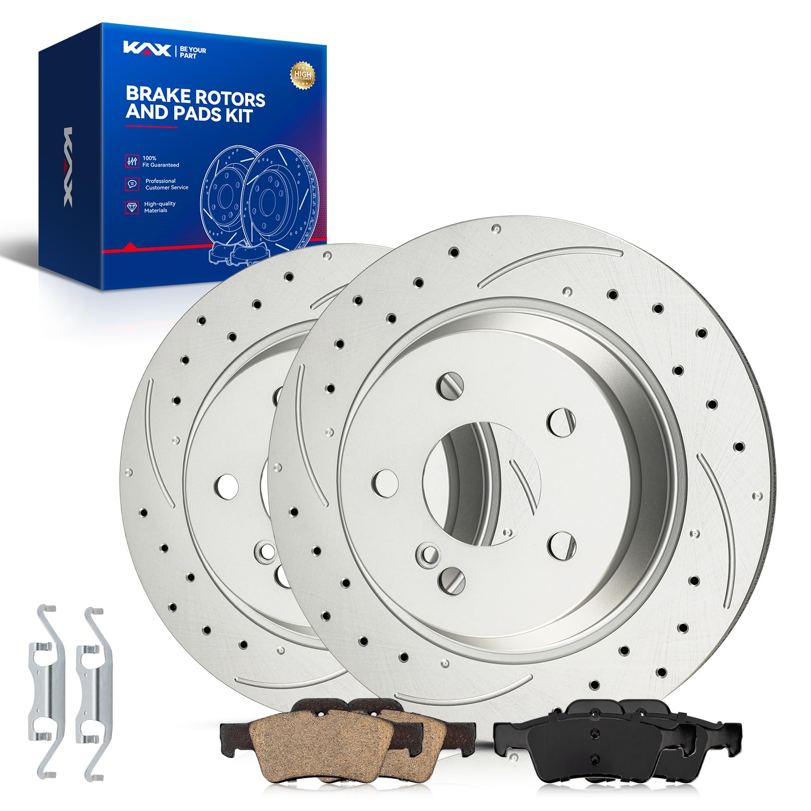 KAX Rear Brake Kit, Drilled and Slotted Brake Rotors, Ceramic Brake Pads | Fits Mercedes-Benz E350, E320, CLS500, CLS550, CLS400, E500, E550, E400