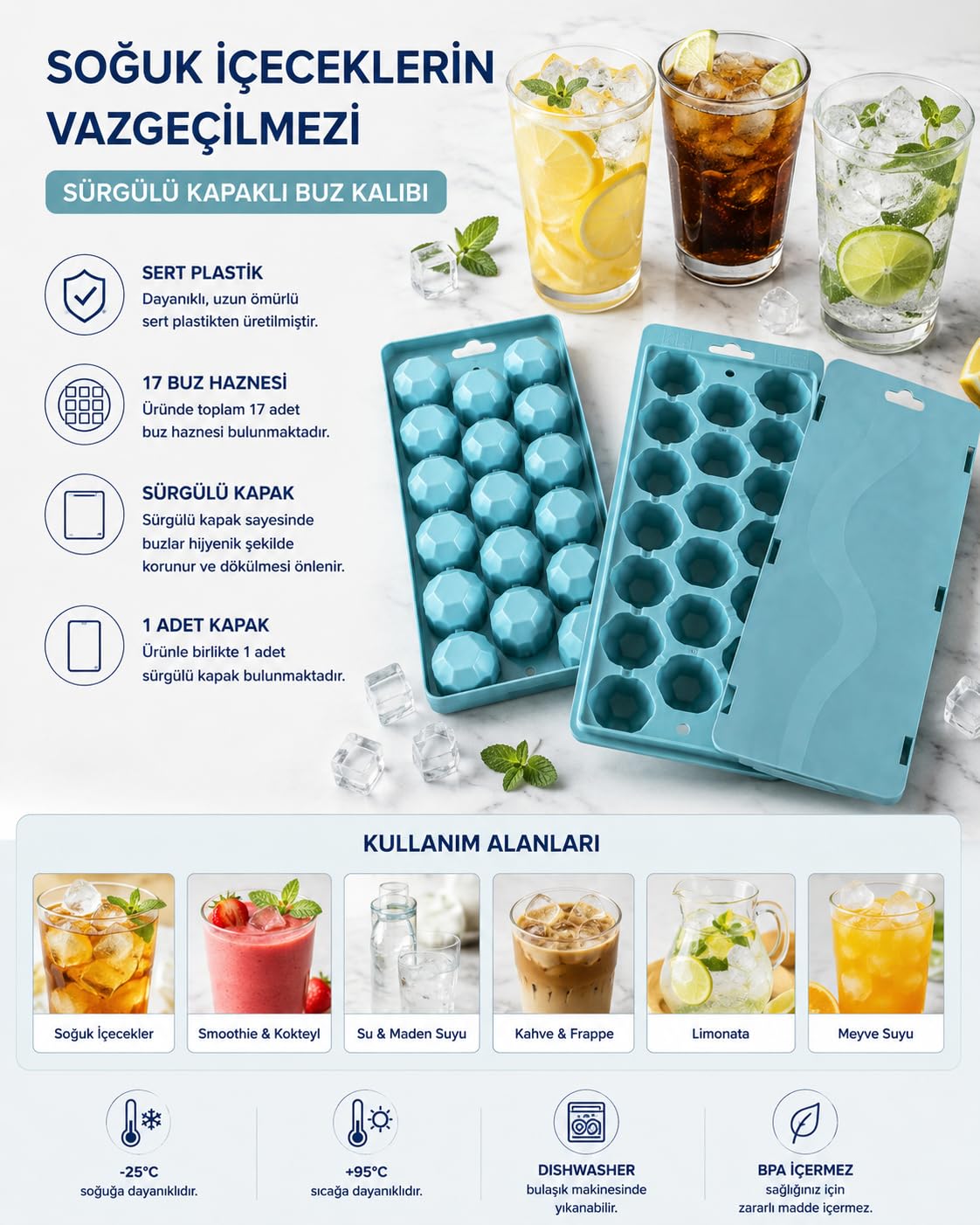 Buz Kalıbı Tekli, Sürgülü Kapak Sert Plastik 17 Hazneli İkiz Buzluk Seti, Buzluk, Buz Kabı, Buz Haznesi, Buz Kalıpları, Buz Tepsileri, Buz, Buz Yapma Kalıbı, Çok Amaçlı Buz Küpü Kalıbı