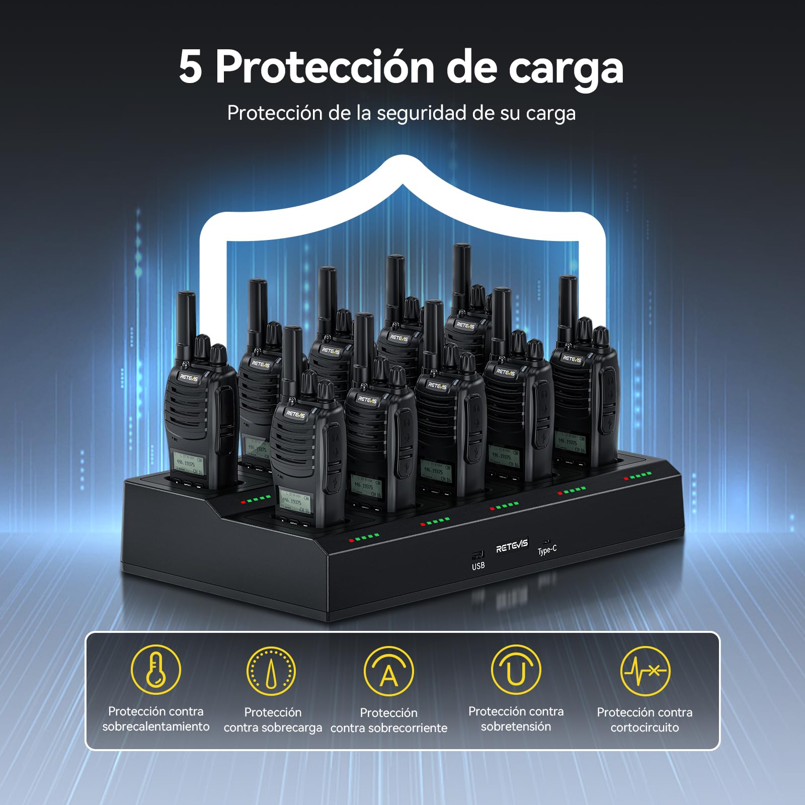 Retevis H777D Walkie Talkie Profesional, PMR446 Pinganillo Walkie Talkie, con Cargador de 10 Vías, Pantalla LCD, 1200 mAh Batería, Radio Bidireccional Portátil para Seguridad, Hotel (10 Piezas)