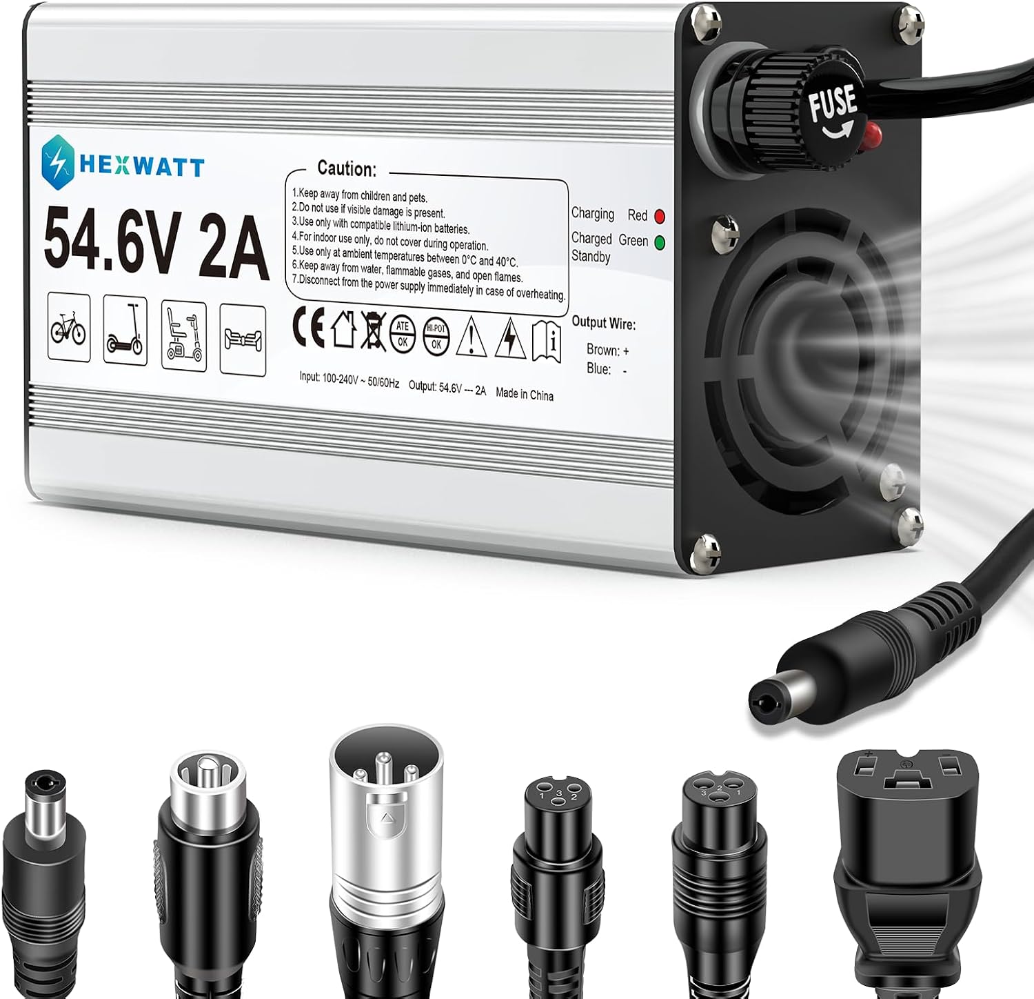 54.6V 2A Charger for 48V Lithium-ion ebike Electric Bike Electric Scooter Replacement Battery Charger with 7 Connectors Lab-Tested Safety