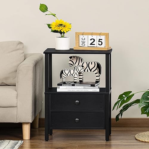 Miniatura 8 de Lerliuo Mesita de noche negra, mesita de noche pequeña con 2 cajones y estante abierto, mesa auxiliar de madera con almacenamiento, mesitas de noche