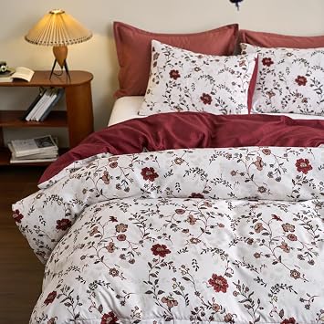 CCoutueChen 3 Pieces King Comforter Set, Botanical Floral Bedding Sets for Women, Flower Leaf Printed on Burgundy Reversible Design, Soft Microfiber Comforter with 2 Pillow Shams,All Season/104 * 90