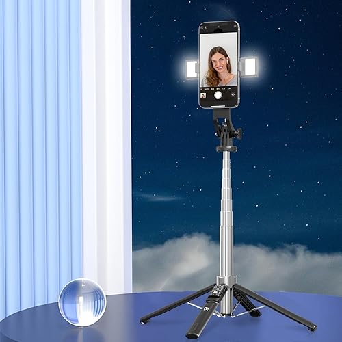 Miniatura 7 de MYBAT PRO - Trípode para selfie stick con control remoto, 4 en 1 extensible portátil Bluetooth Selfie Stick con luces y trípode para teléfono,