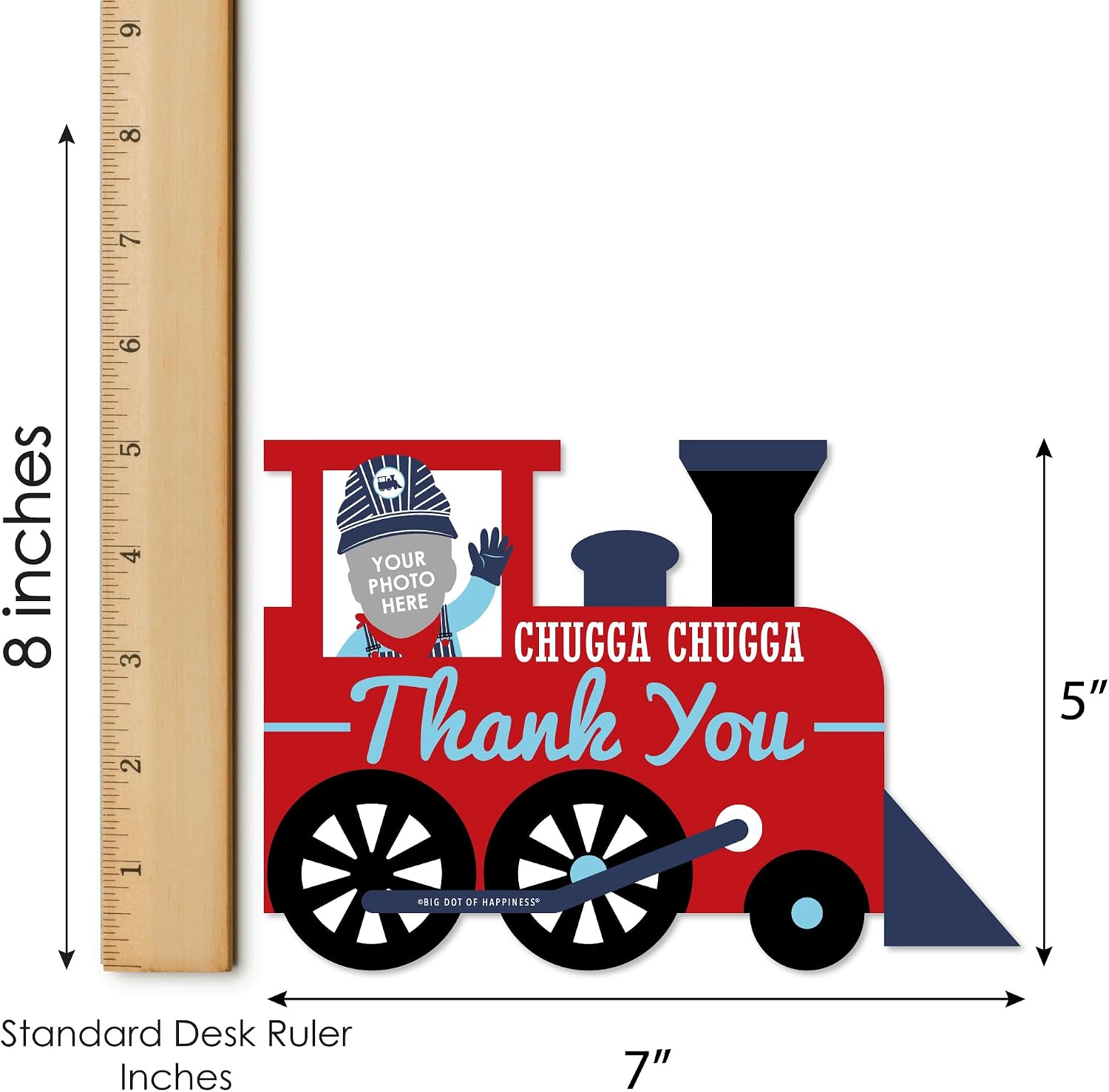 Big Dot of Happiness Custom Photo Railroad Party Crossing - Steam Train Birthday Party or Baby Shower Fun Face Shaped Thank You Cards with Envelopes - Set of 12