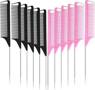 Patelai 12-Pack Rat Tail Combs Carbon Fiber Heat-Resistant Stainless Steel Pintail for Braiding Teasing Parting Hair Styling (Pink/Black)