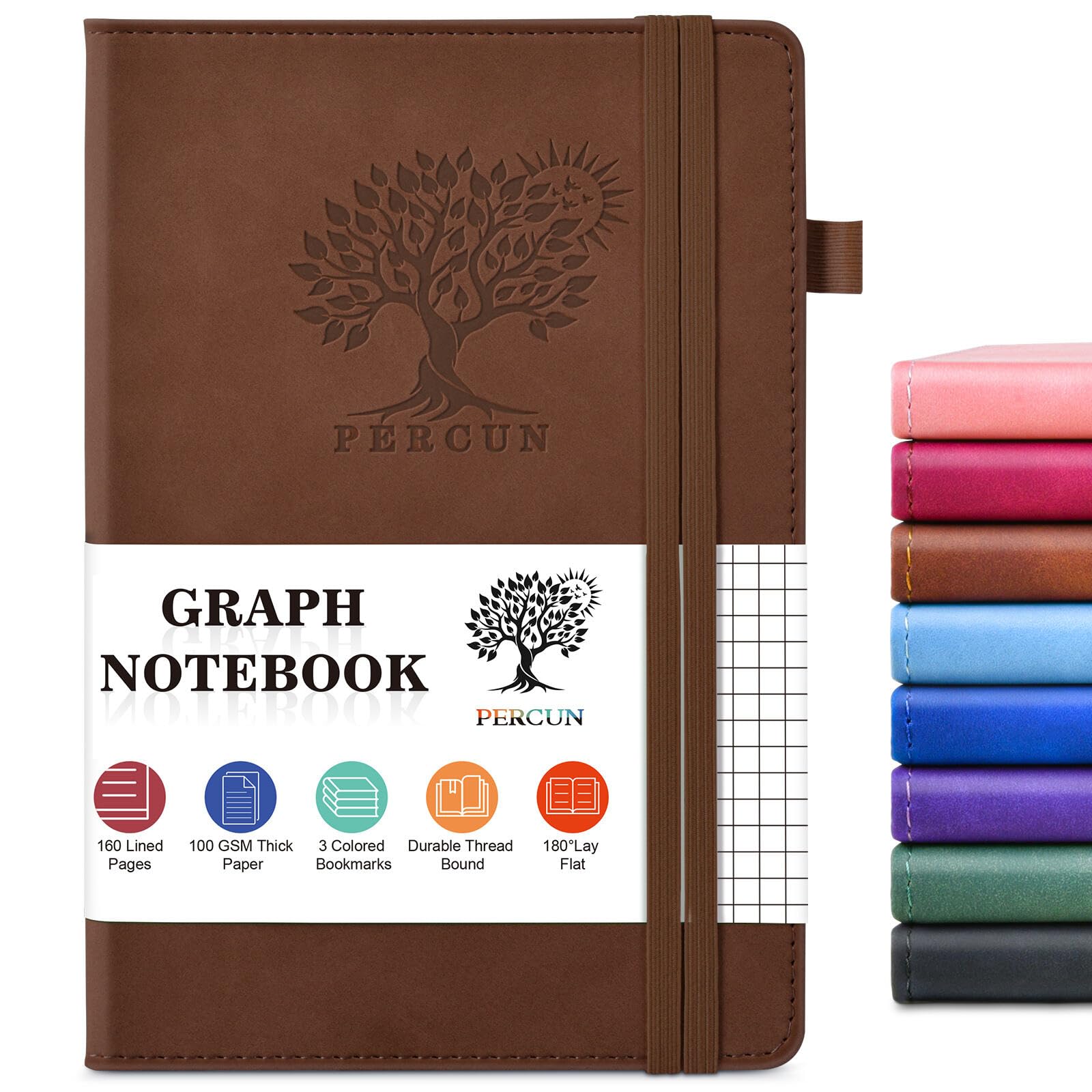 PERCUN Graph Paper Notebook, 160 Pages Grid Journal for women & men, A5 Hardcover Leather Graphing Notebook for School, Work, Travel, Note Taking 5.9”